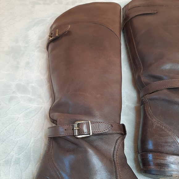 Worn in Frye Dorado Brown Leather Tall Riding Boots with Buckle Details - Picture 9 of 16